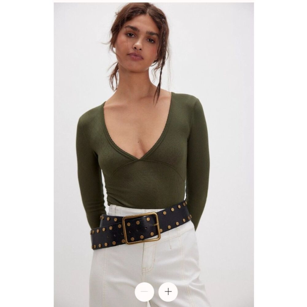 Intimately Free People Keep It a Secret Olive Green LS Thong Bodysuit XS